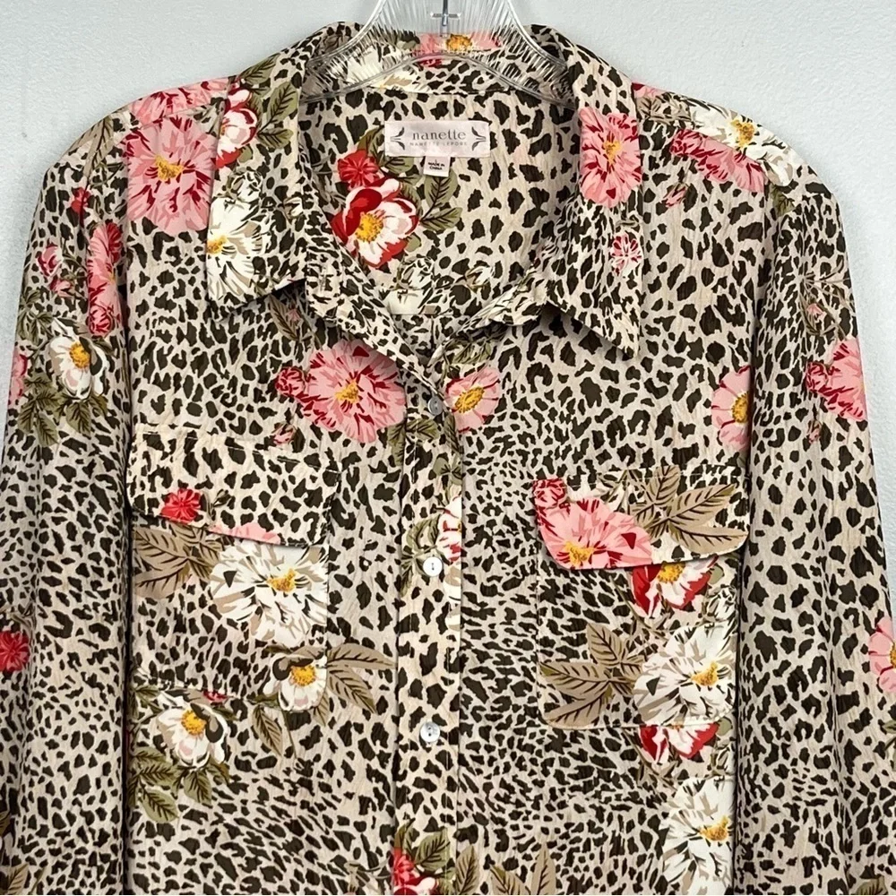 Nanette Lepore floral & animal print roll tab button front blouse top, large.